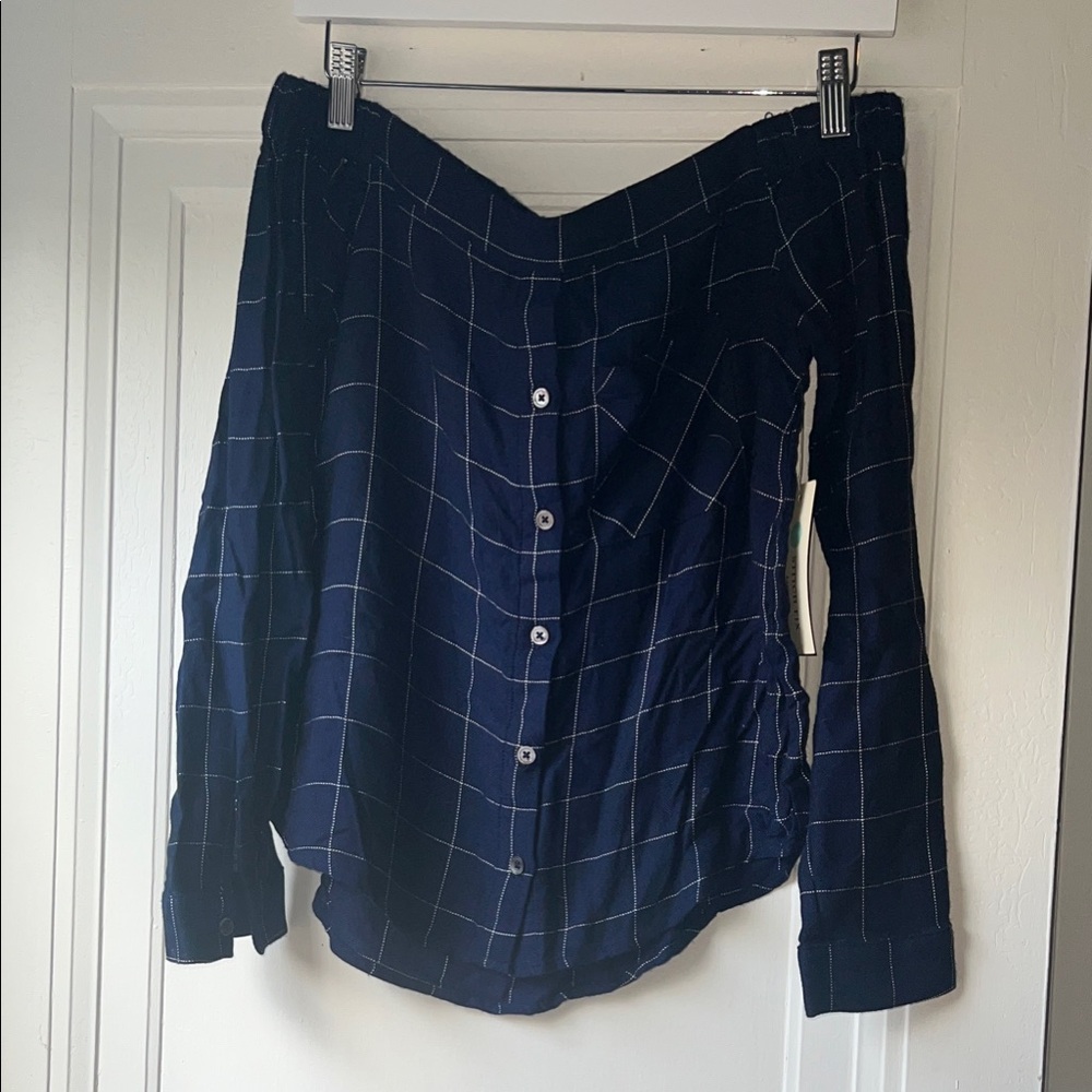 NWT Off the Shoulder Plaid Button-Up Blouse